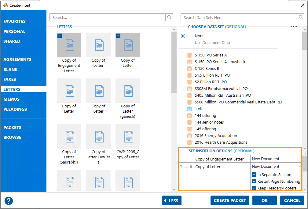 Creating a Packet (Create/Insert dialog)