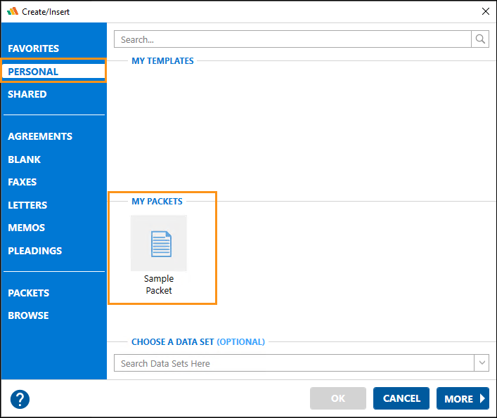 Creating a Packet (Create/Insert dialog)