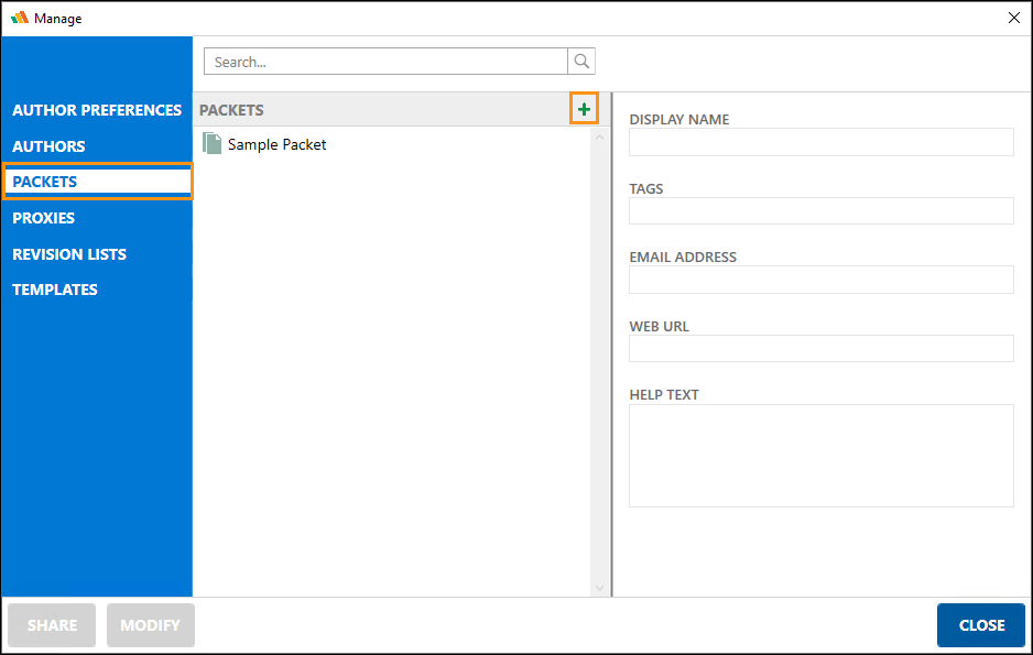 Creating a Packet (Manage dialog)