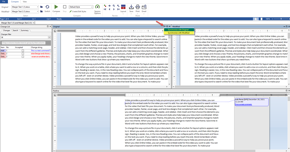 Synchronize scrolling for Original and Modified documents when using ...