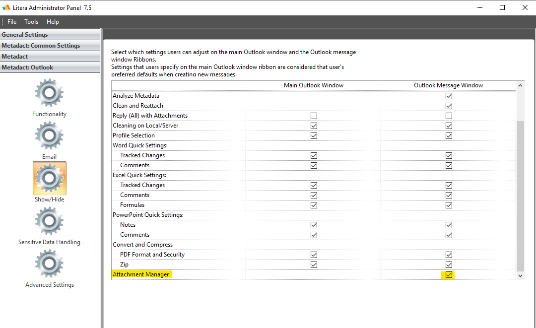 The Attachment Manager is missing from the Litera ribbon in Outlook