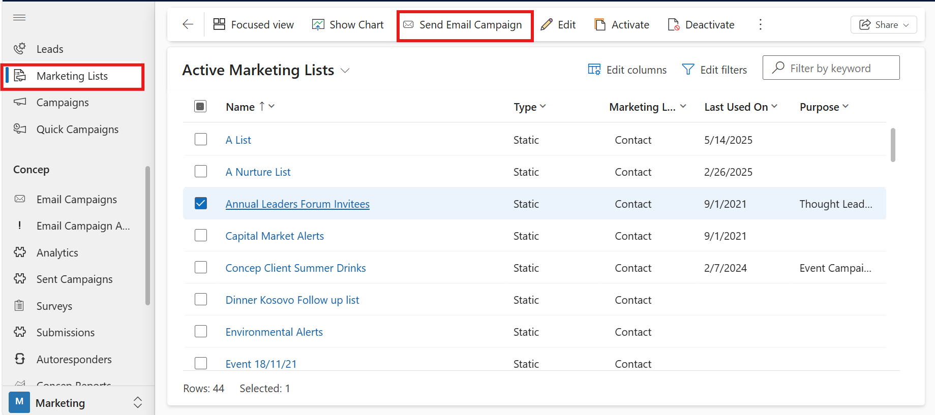 Send an Email Campaign from the Marketing List Page in Dynamics CRM