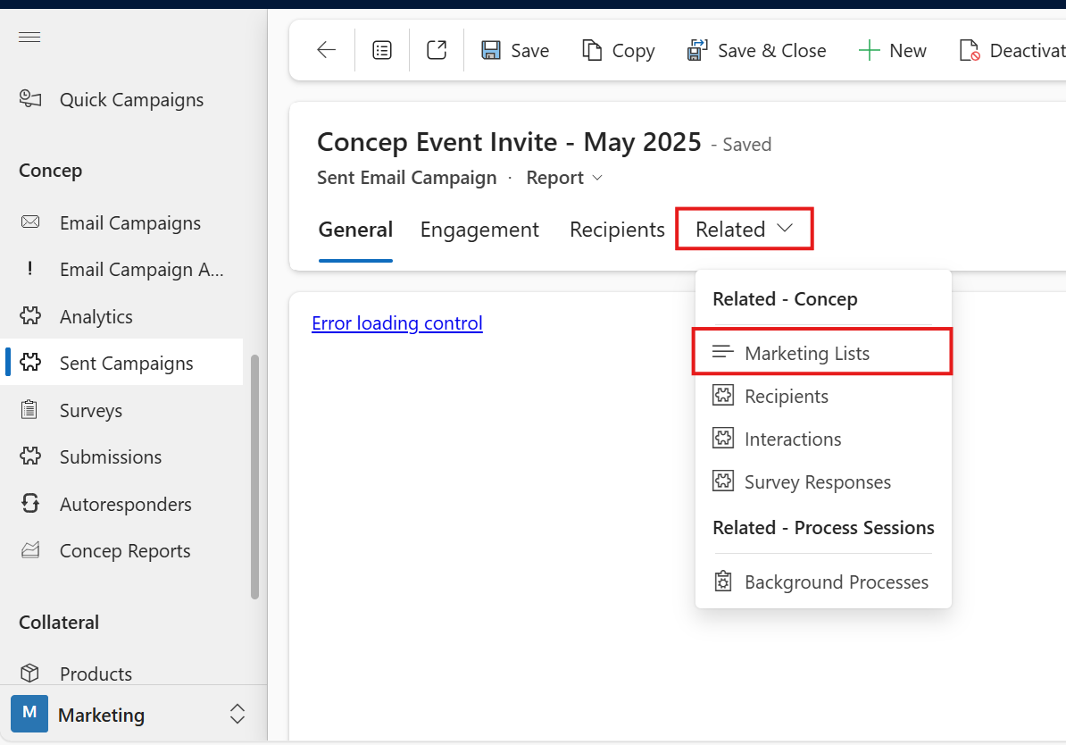 View Marketing Lists Used in a Sent Email Campaign