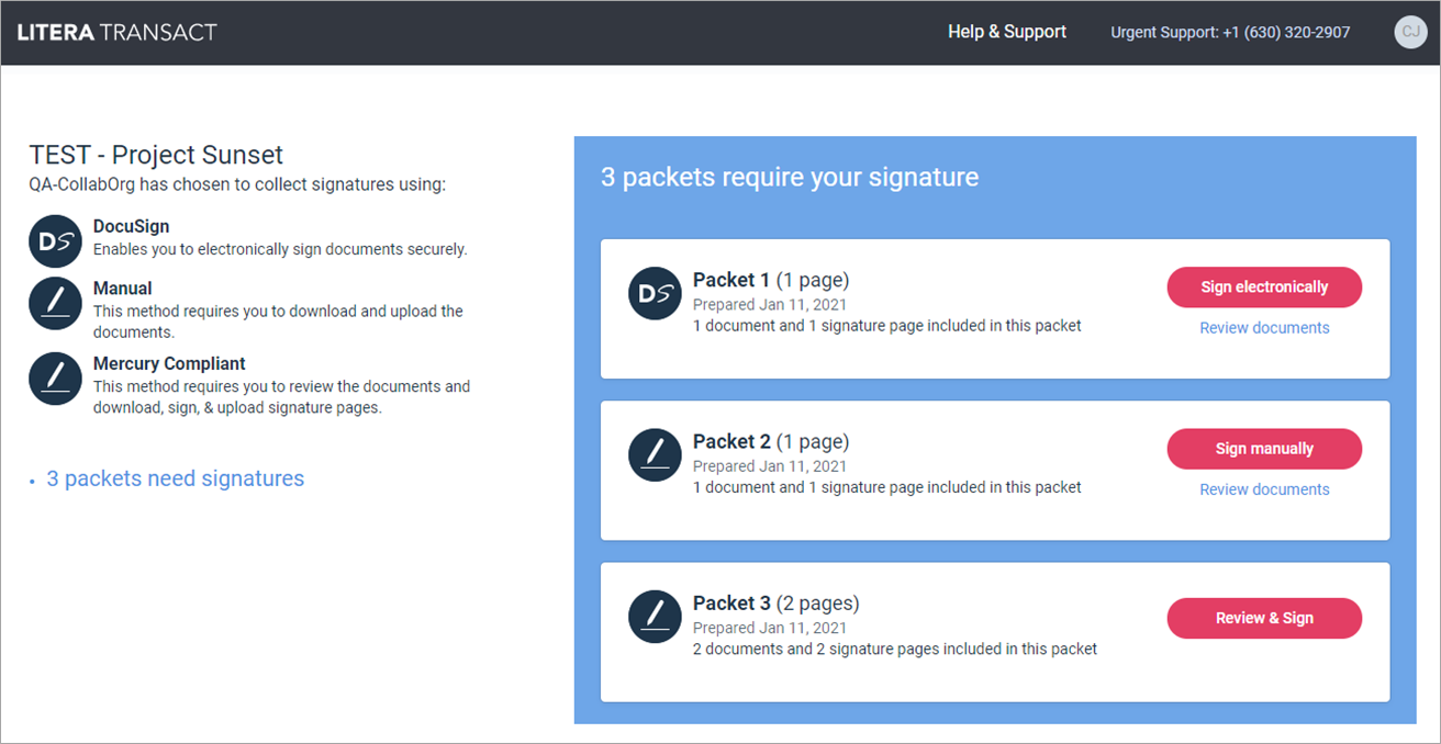 Signing signature packets sent from Litera Transact
