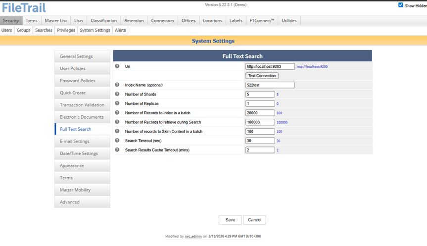 Full Text Search configuration and health checks