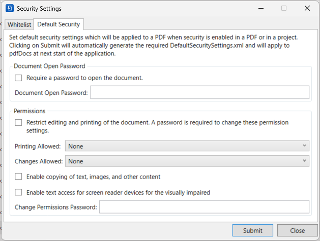 Configuring security for PDF output using pdfDocs