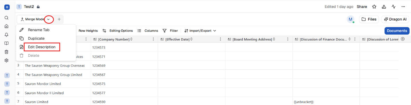 Tab and column descriptions