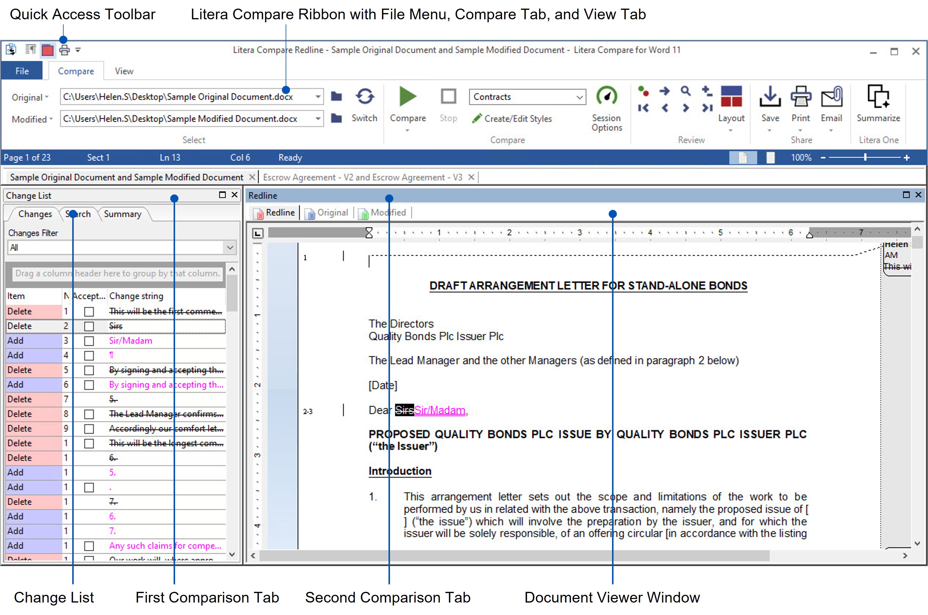 Litera Compare for Word user interface