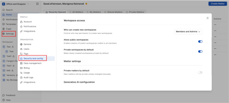 Workspace and Matter Control