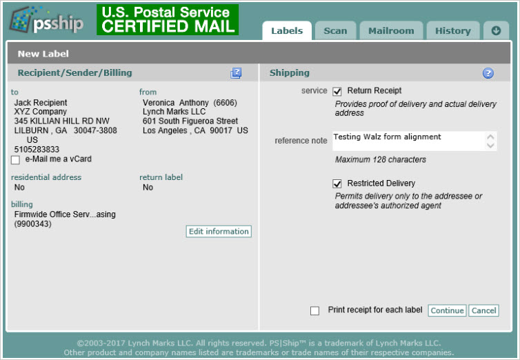 User Certified Mail with PS/Ship