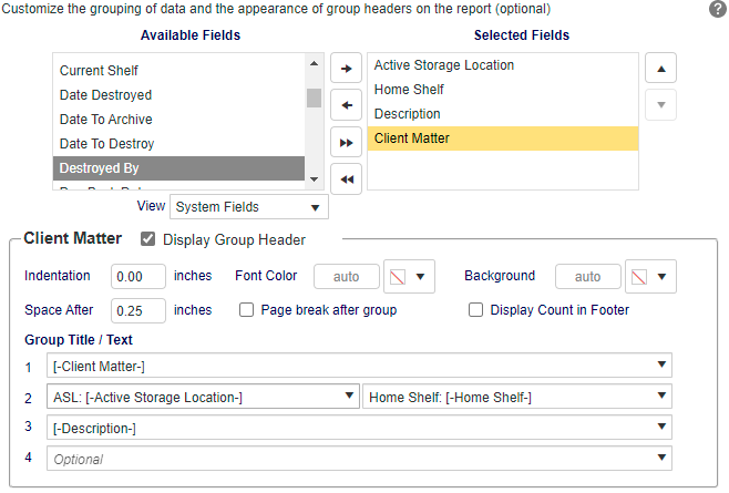 Ad Hoc Report Wizard tab 2: Grouping