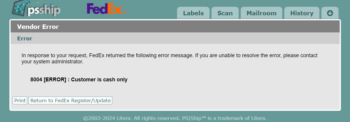 FedEx 2209 error: Inactive Customer Account