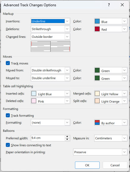 How to adjust the view of comments and formatting in the redline in Word