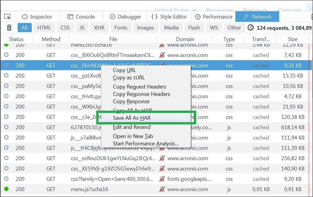 How to capture an internet browser HAR Log