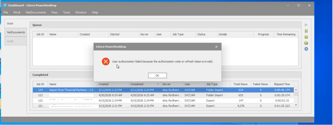 User authorization failed due to invalid authorization or refresh token ...