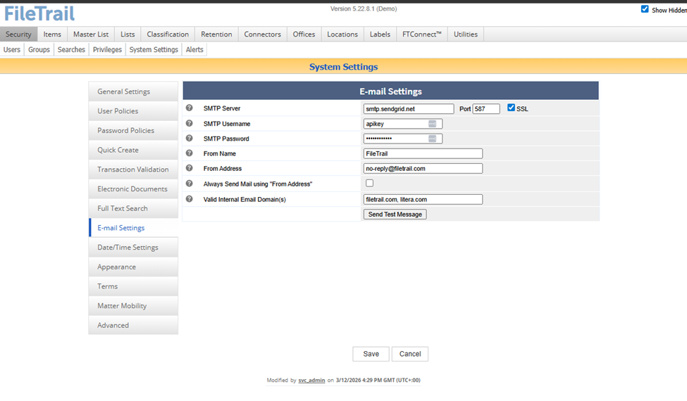 Email and date configuration in system settings