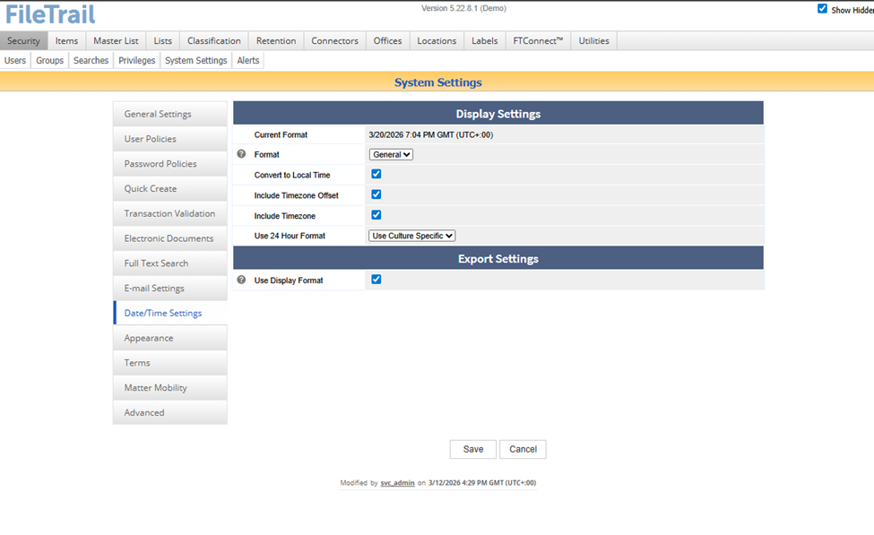 Email and date configuration in system settings